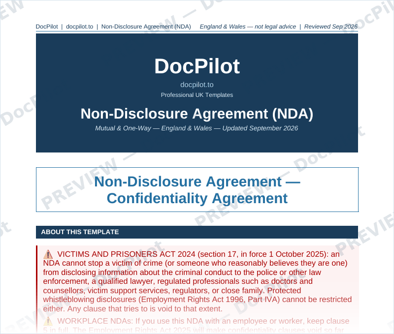 Preview of page 1 of the DocPilot Non-Disclosure Agreement, showing the title and the about-this-template warnings