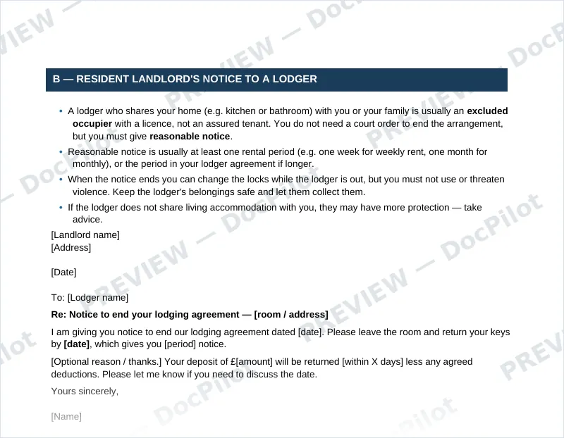 Preview of page 2 of the DocPilot Notice to Quit Pack, showing the resident landlord's notice to a lodger