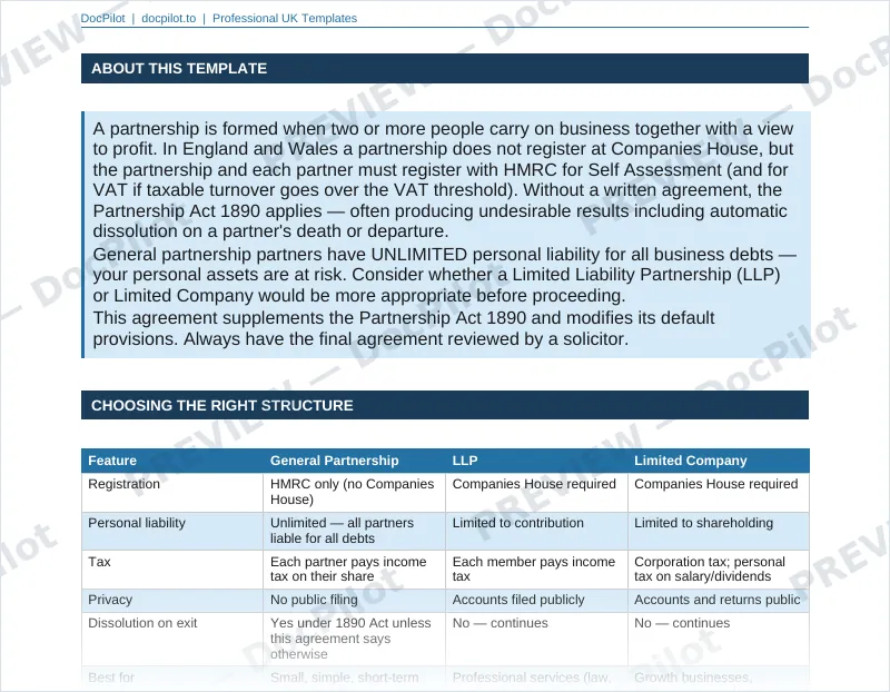 Preview of page 2 of the DocPilot Partnership Agreement, showing the choosing the right structure table