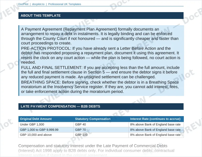 Preview of the top of page 2 of the DocPilot Payment Agreement Template (watermarked)