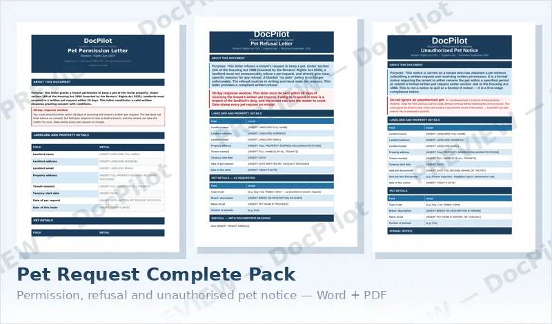 Preview of the first pages of the three documents in the DocPilot Pet Request Complete Pack