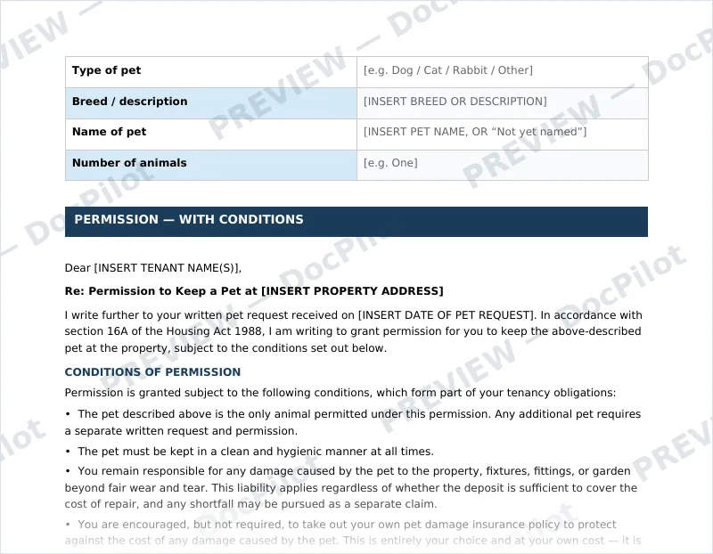 Preview of page 2 of the DocPilot Pet Permission Letter, showing the pet details and permission conditions