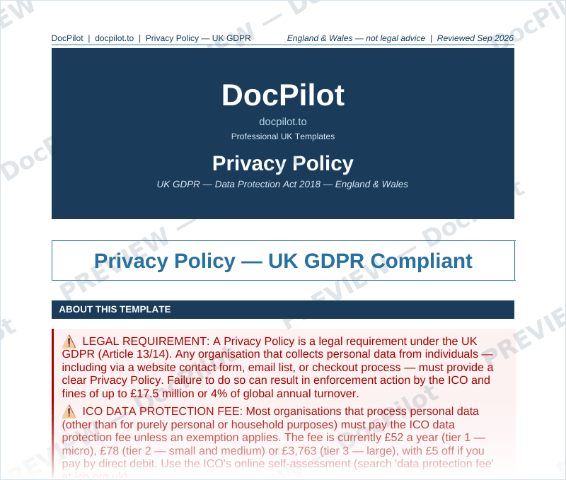 Preview of page 1 of the DocPilot Privacy Policy template, showing the title, legal requirement box and Part A table