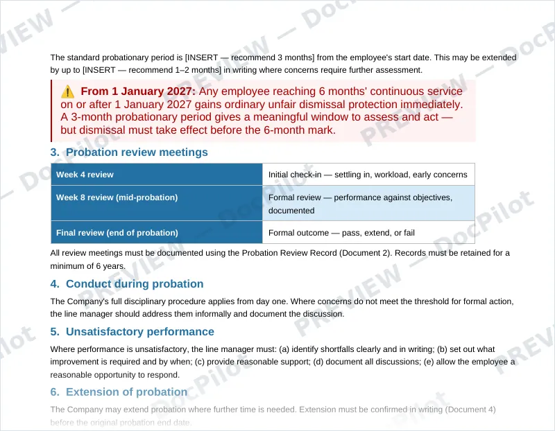 Preview of page 2 of the DocPilot Probationary Period and Early Dismissal Pack, showing the probation policy
