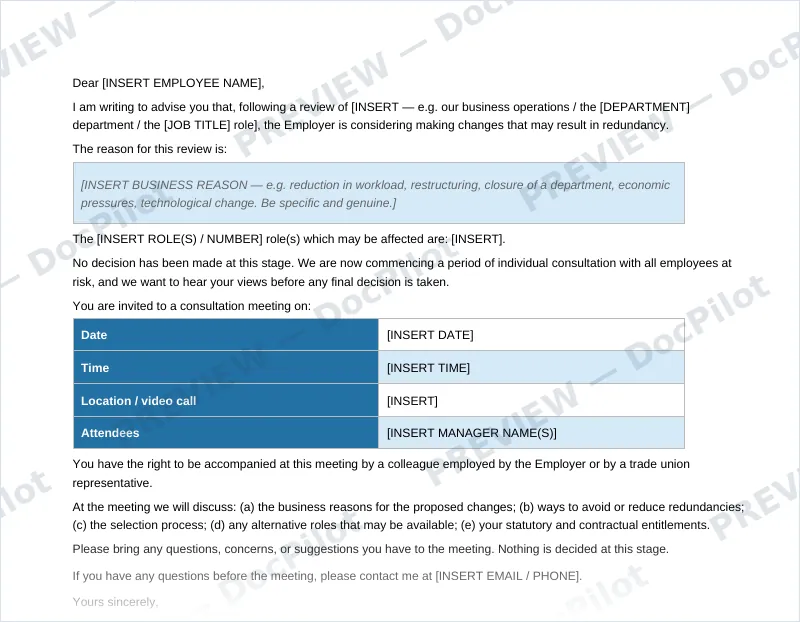Preview of page 2 of the DocPilot Redundancy Pack, showing the at-risk letter