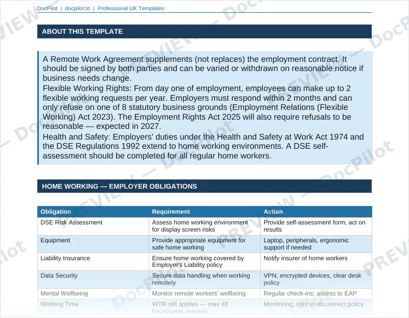 Preview of page 2 of the DocPilot Remote Work Agreement, showing the employer obligations table