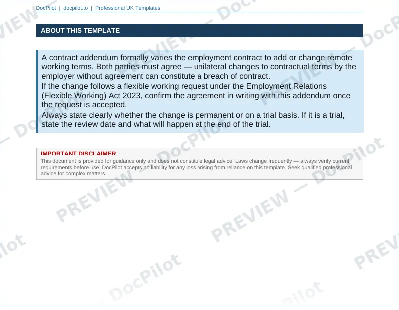 Preview of the top of page 2 of the DocPilot Remote Work Contract Addendum (watermarked)