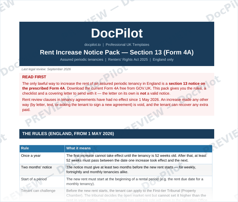 Preview of page 1 of the DocPilot Rent Increase Notice Pack, showing the read-first box, the rules table and the checklist