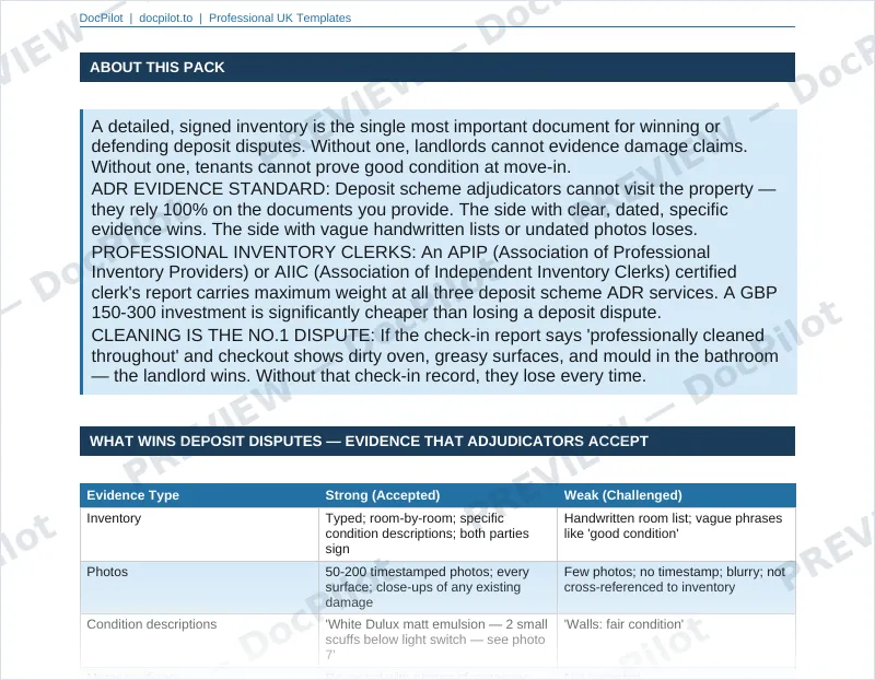 Preview of page 2 of the DocPilot Rental Property Inventory Pack, showing the property and tenancy details table