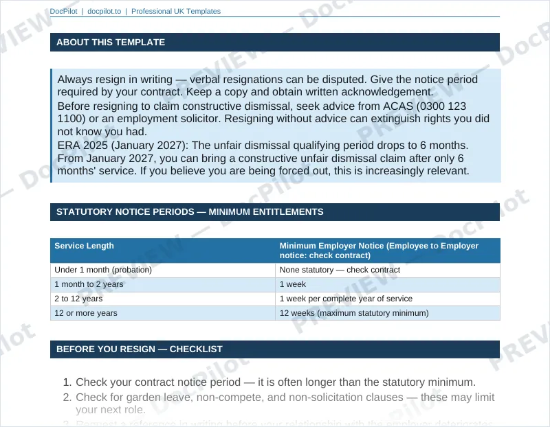 Preview of page 2 of the DocPilot Resignation Letter Template, showing the statutory notice periods table