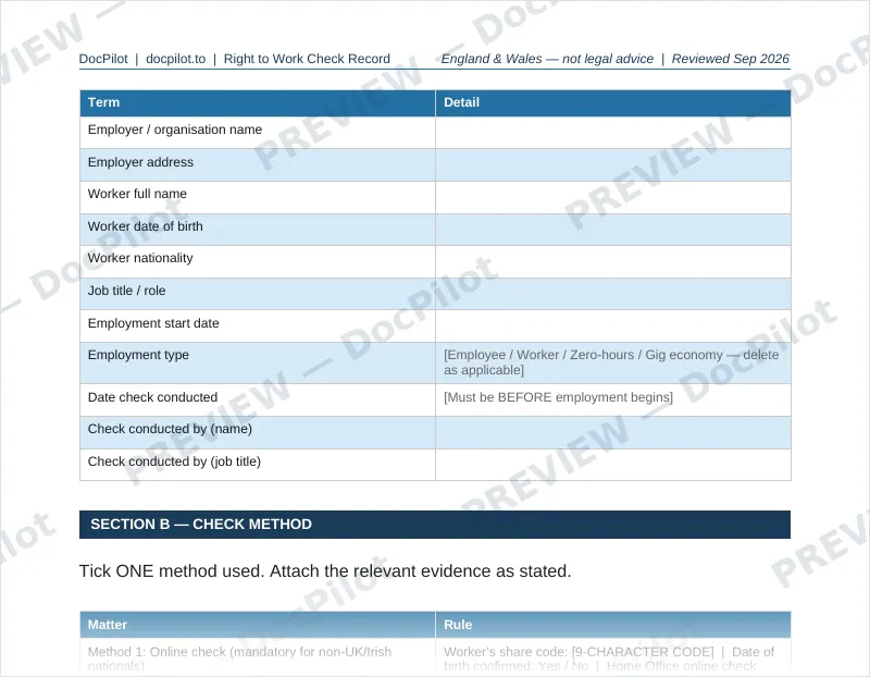 Preview of page 2 of the DocPilot Right to Work Check Record, showing the worker details and check method sections