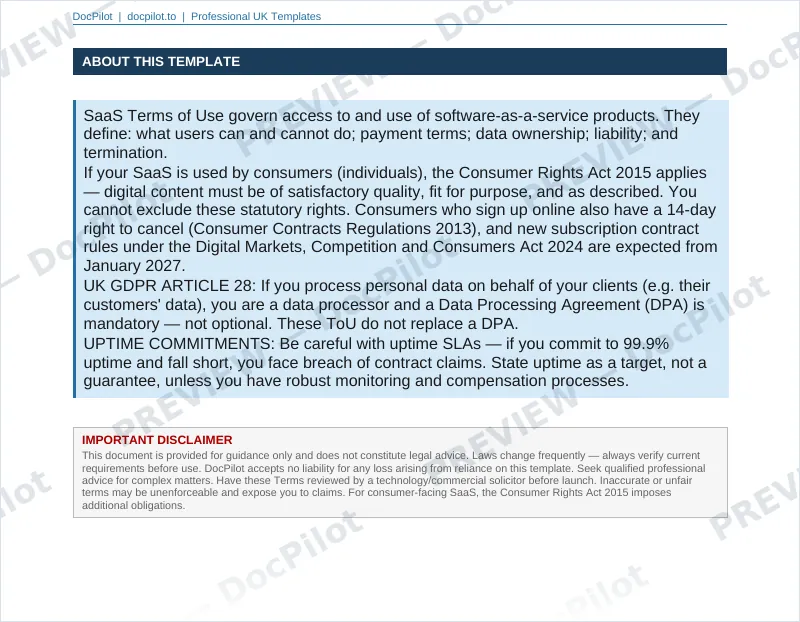 Preview of the top of page 2 of the DocPilot SaaS Terms of Use (watermarked)