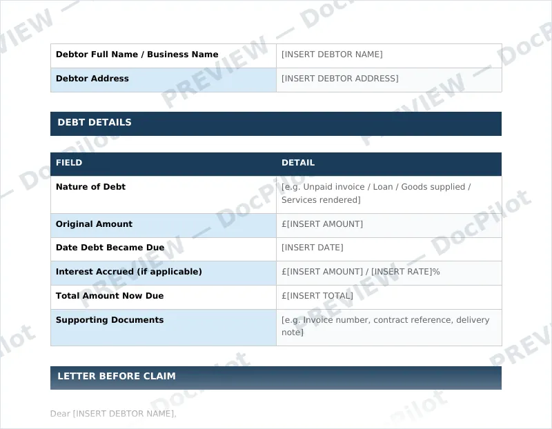 Preview of the top of page 2 of the DocPilot Scottish Debt Demand Letter (watermarked)