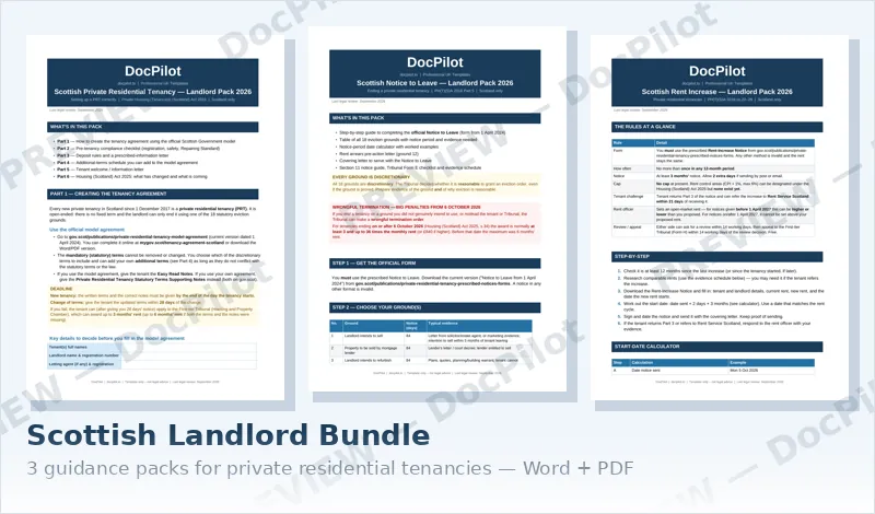Preview of the first pages of the three packs in the DocPilot Scottish Landlord Bundle