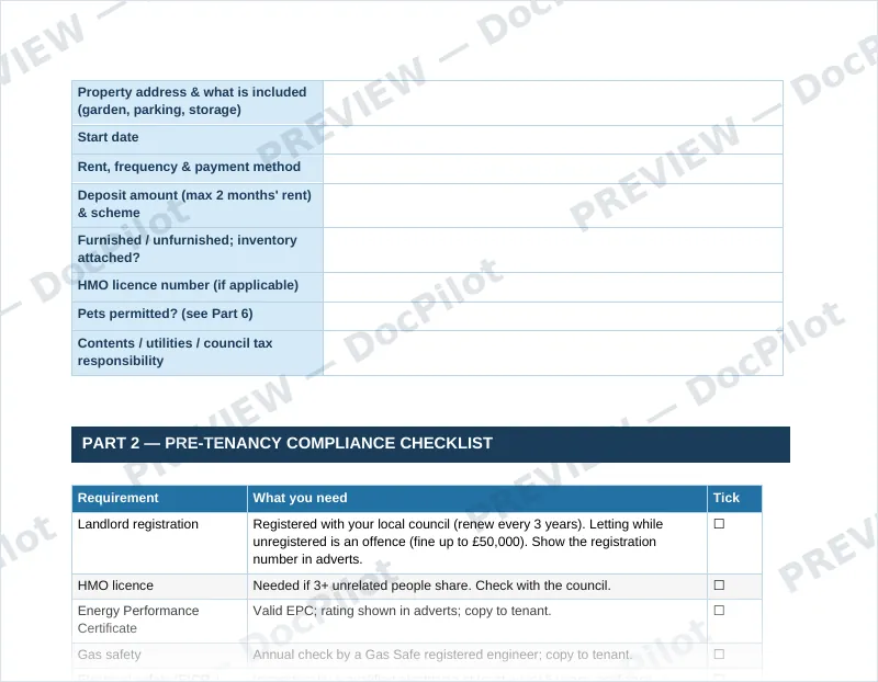 Preview of page 2 of the DocPilot Scottish Private Residential Tenancy Pack, showing the pre-tenancy compliance checklist