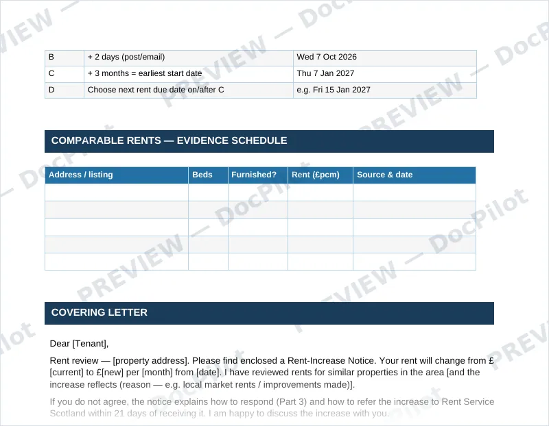 Preview of page 2 of the DocPilot Scottish Rent Increase Pack, showing the comparable rents schedule and covering letter