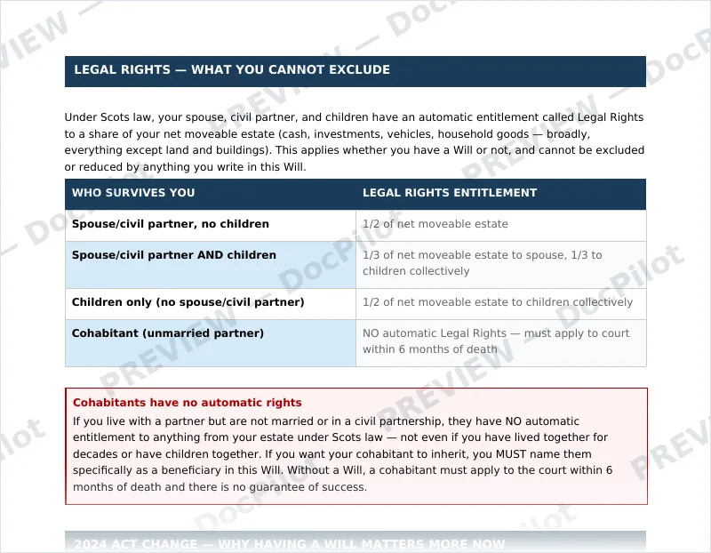 Preview of page 2 of the DocPilot Scottish Will 2026, showing the Legal Rights guidance