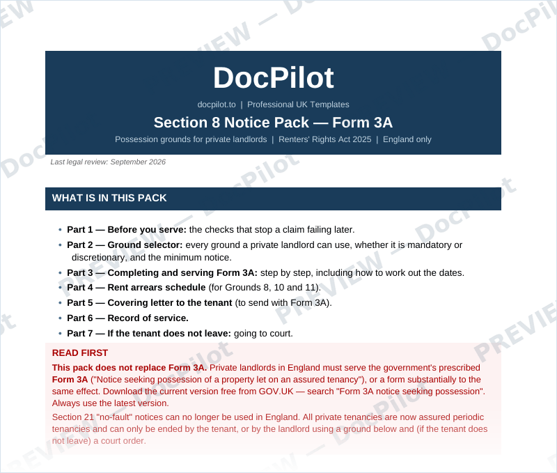 Preview of page 1 of the DocPilot Section 8 Notice Pack, showing the list of what is in the pack and the Part 1 checks table