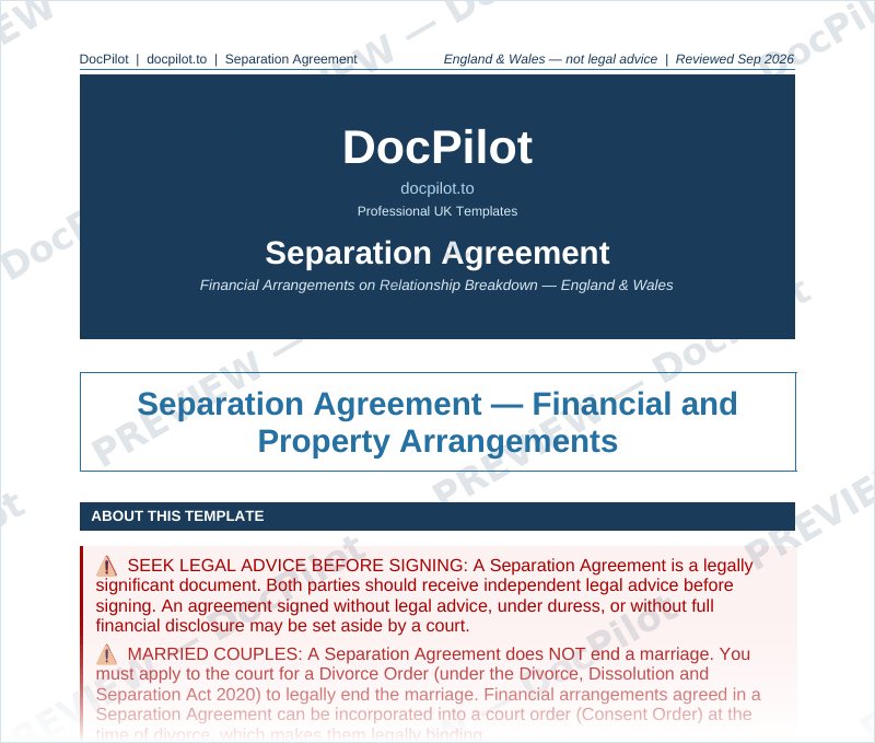 Preview of page 1 of the DocPilot Separation Agreement, showing the title, legal warnings and Part A