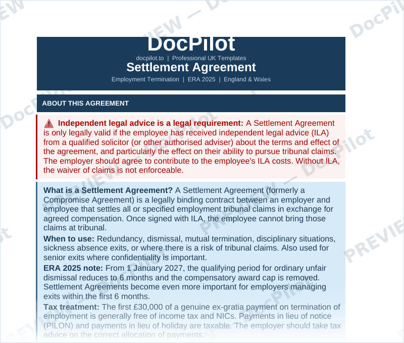 Preview of page 1 of the DocPilot Settlement Agreement, showing the about box and the Part 1 parties table