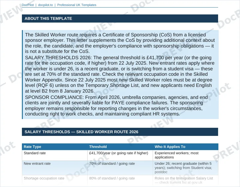 Preview of page 2 of the DocPilot Skilled Worker Visa Sponsorship Letter, showing the salary thresholds guidance