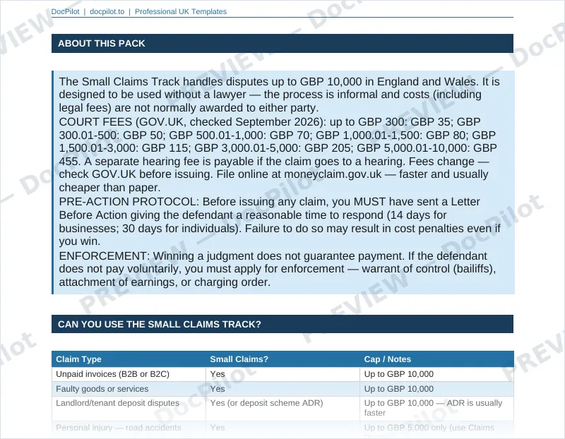 Preview of page 2 of the DocPilot Small Claims Court Guide, showing the claim types table