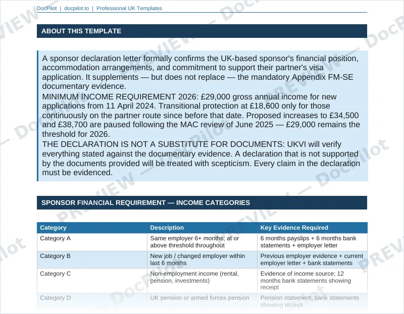 Preview of the top of page 2 of the DocPilot Spouse Visa Declaration Letter (watermarked)
