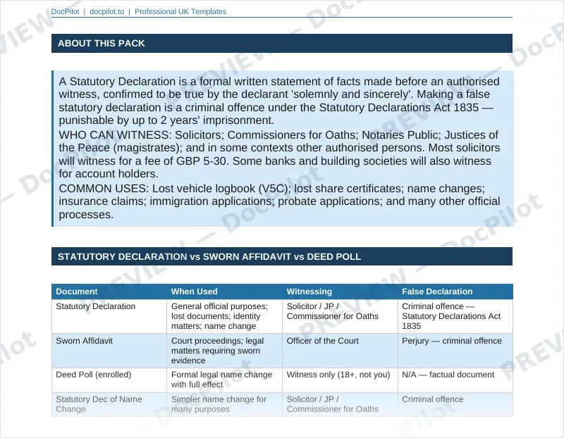 Preview of page 2 of the DocPilot Statutory Declaration Pack, showing the comparison table