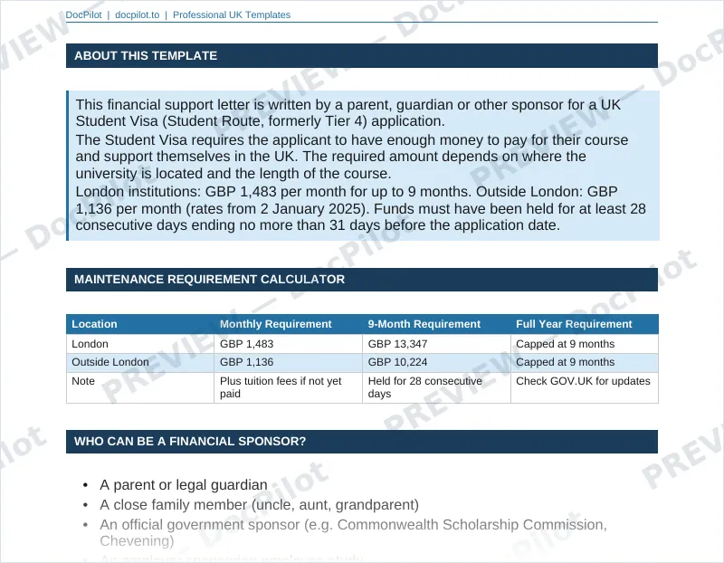 Preview of the top of page 2 of the DocPilot Student Visa Support Letter (watermarked)