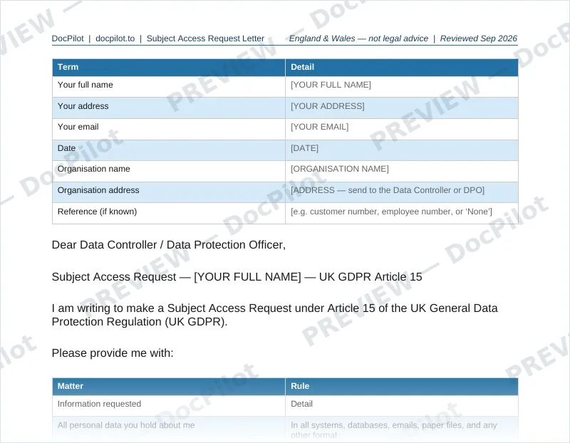Preview of page 2 of the DocPilot Subject Access Request Letter, showing the SAR letter details
