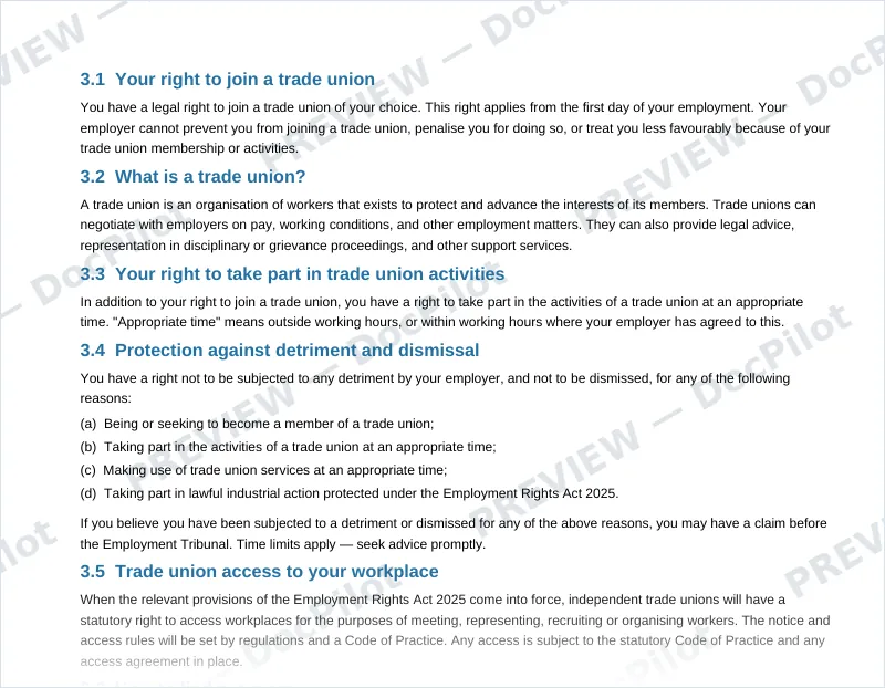 Preview of page 2 of the DocPilot Written Statement of Trade Union Rights, showing the statutory statement section