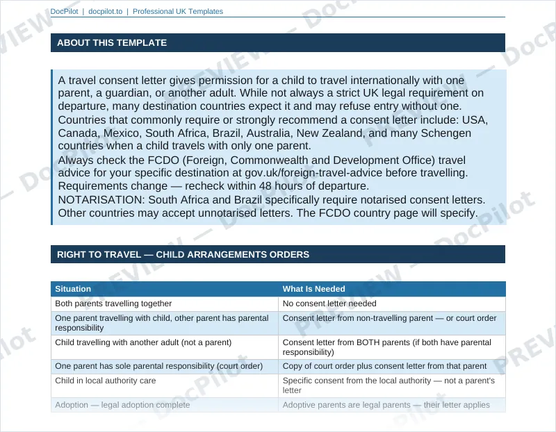 Preview of page 2 of the DocPilot Travel Consent Letter for Children, showing the guidance table