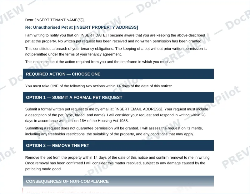 Preview of page 2 of the DocPilot Unauthorised Pet Notice, showing the formal notice to the tenant