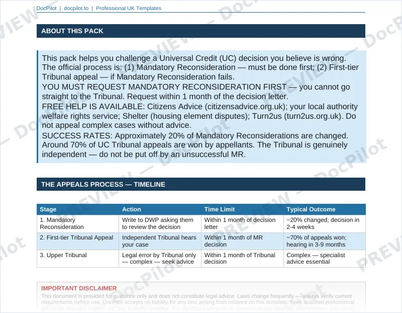 Preview of page 2 of the DocPilot Universal Credit Appeal Pack, showing the appeals process timeline