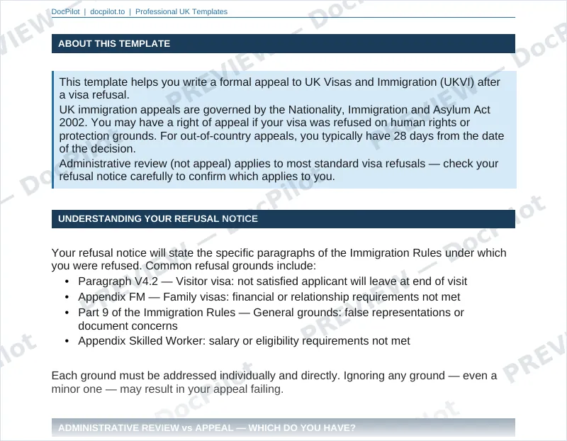 Preview of page 2 of the DocPilot UK Visa Refusal Appeal Letter, showing the refusal notice guidance