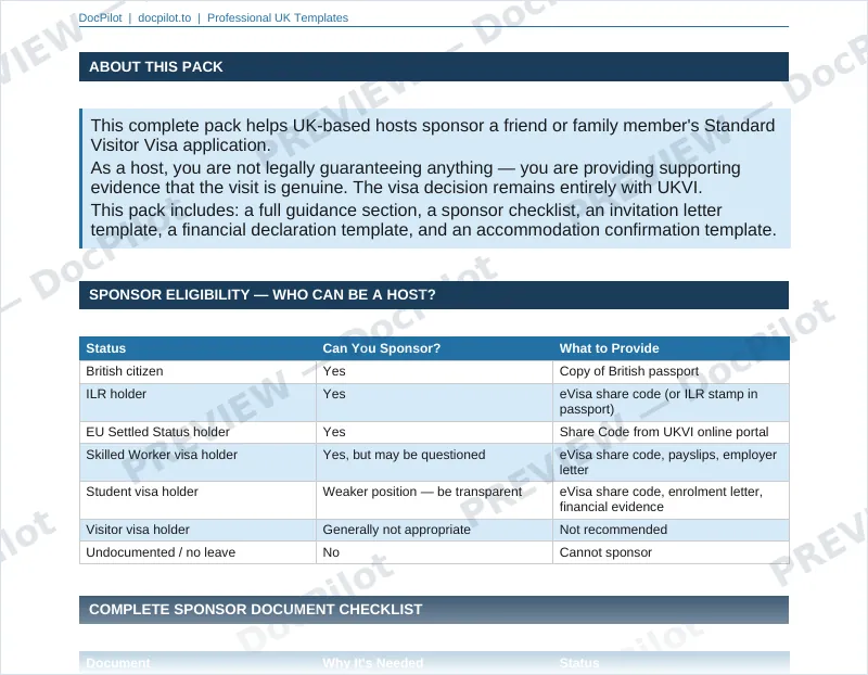 Preview of the top of page 2 of the DocPilot Visitor Visa Sponsor Pack (watermarked)