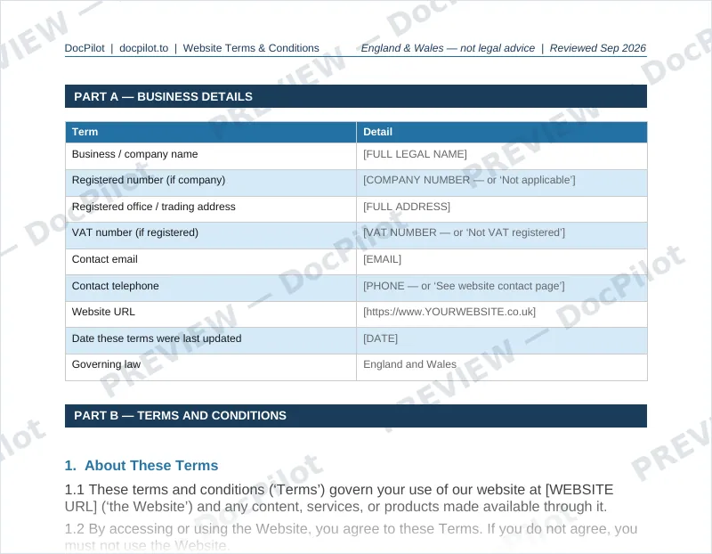 Preview of page 2 of the DocPilot Website Terms and Conditions, showing the terms clauses
