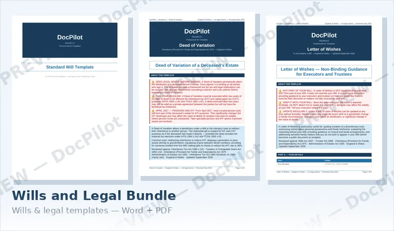 Preview of the first pages of three documents in the DocPilot Wills and Legal Bundle