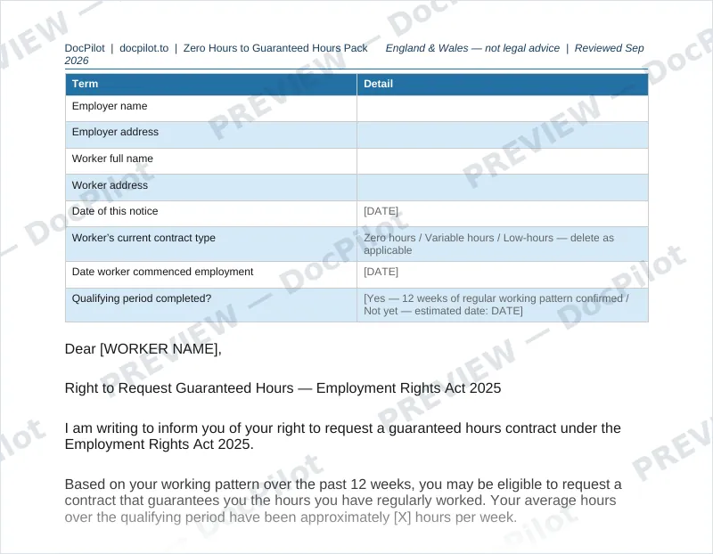 Preview of page 2 of the DocPilot Zero Hours to Guaranteed Hours Pack, showing the employer's notice